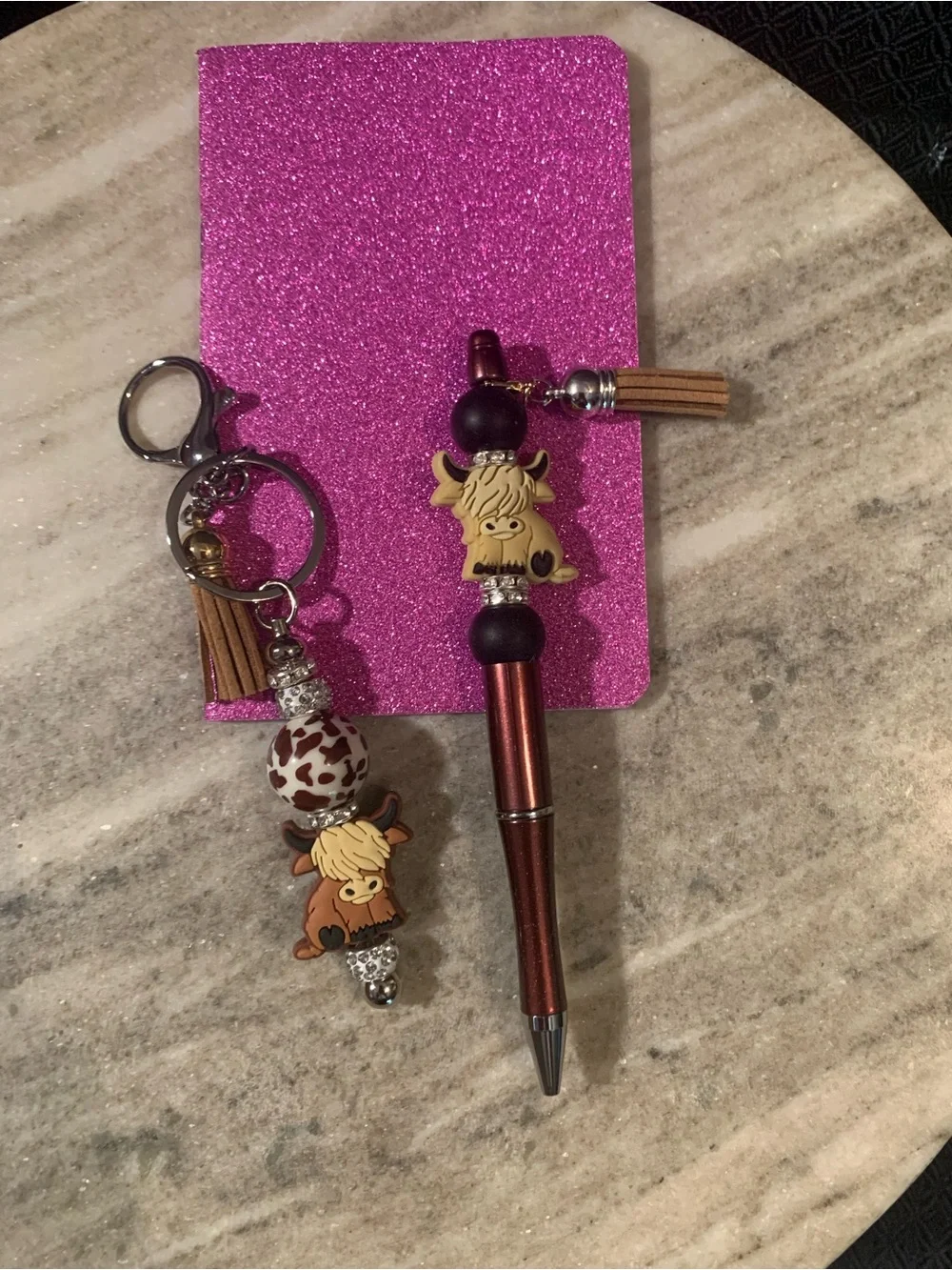 Highland Cow Pen & Keychain Set - Blue, Brown Accents
